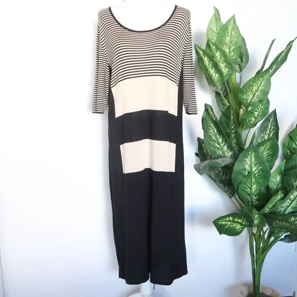 Marina Rinaldi Black Beige Viscose Wool Cashmere Striped Knit Shift Midi Dress - Picture 2 of 11